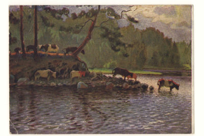 Стадо в полдень. Худ В.Н.Федорович. Живопись. Цветная довоенная открытка. 3487 Издательство АХР 