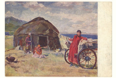 Сибирь. Курорт "Боровье". Юрта киргиза. Худ П.Д.Покаржевский. Живопись. Цветная довоенная открытка.