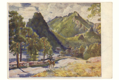 Сибирь. Курорт "Боровье". Гора Синюха. Худ П.Д.Покаржевский. Живопись. Цветная довоенная открытка. 