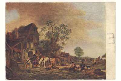 Гостиница у дороги. Худ Изак фан-Остаде. Гос. Эрмитаж. Живопись. Цветная довоенная открытка. 350 