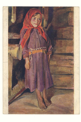 Крестьянская девочка. Худ. В.А.Кузнецов. Живопись. Цветная довоенная открытка. 3515 