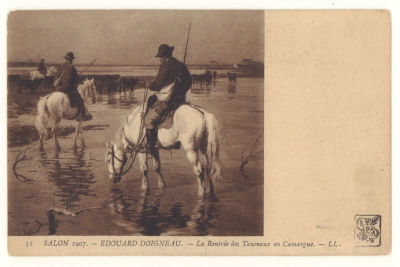 Возвращение быков в Камарг. Худ. Е. Доигнеау. Живопись. Парижский салон, 1907 г., 51. Открытка. 
