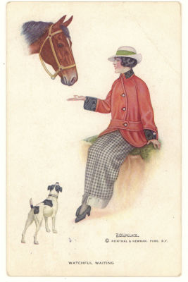 Настороженное ожидание. Худ. Р. О. Уоллис. Живопись. Девушка. Мода. Собака. Лошадь. Цветная 
