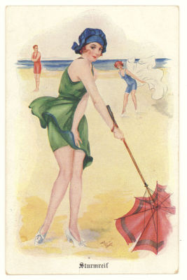 Буревестник (Девушка с зонтиком). Живопись. Подпись автора. Цветная открытка. Начало ХХв. 3611 