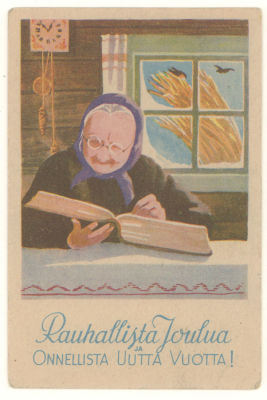 Старушка за чтением. Живопись. Цветная финская довоенная открытка. 3625 Размеры 9,0х13,6 см. 