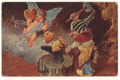 Гном куёт сердца. Подпись автора. Цветная открытка. Начало ХХв. 3633 Н.К.С.Н. Серия 215. 