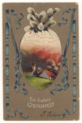 Яйцо с сельским пейзажем. Цветная тисненая пасхальная открытка. Начало ХХв. 3640 Размеры 8,9х13 