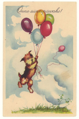 Собачка на воздушных шарах. Эстония. Цветная довоенная открытка. 3645 Nats. R. Tohver &amp; Ko. 