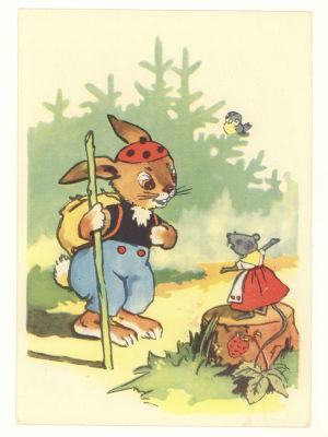 Худ. С. Вяльял. Заяц и мышонок. Послевоенная цветная немаркированная открытка. О2513 Изд. 