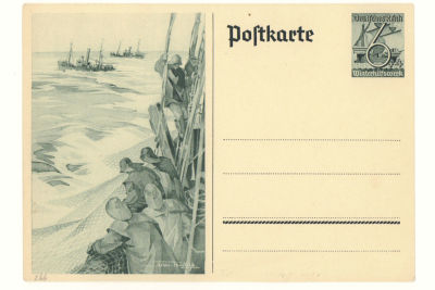 Рыбаки. Живопись. Подпись автора. Односторонняя открытка с оригинальной маркой. Фашистский Рейх. 