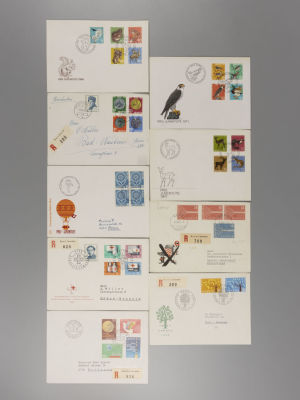 Набор из 9 конвертов Первого дня, КПД, FDC, не прошедших и прошедших почту. Швейцария. 