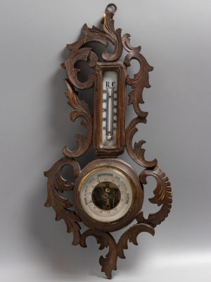 Барометр с градусником. Дерево, резьба, металл, латунь. Silesia walzwerk. Германия. Кон. XIX - 