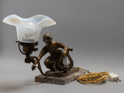 Модерн. Лампа настольная (ночник). Девушка с арфой. Бронза, мрамор. Зап. Европа. Нач. ХХ в. Разм 