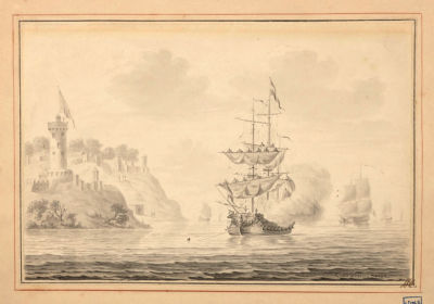 Корнелис Дэ Гриент. Стреляющий фрегат. Гризайль. 1756. Бумага, акварель. Размер 14,5х22 см. Хоро 