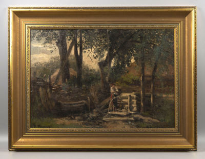 Резанов В. М. (?) У колодца. 1900-е. гг. Холст, масло. Размер по раме 50х66 см. Слева внизу 