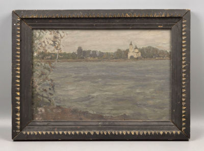 [Коллекция худ. К. Иванова] Бялыницкий-Бируля В. К. Озеро. Церковь Троицы. 1947. Доска, масло. 