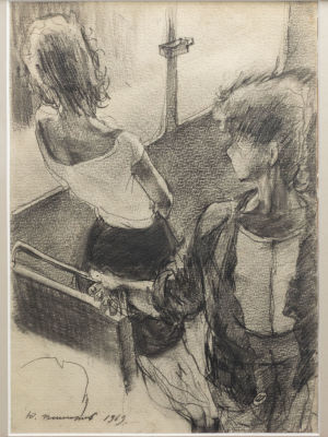 Пименов Ю. И. В трамвае. 1969. Бумага, карандаш. Размер по раме 45х42 см. Хорошее состояние. 