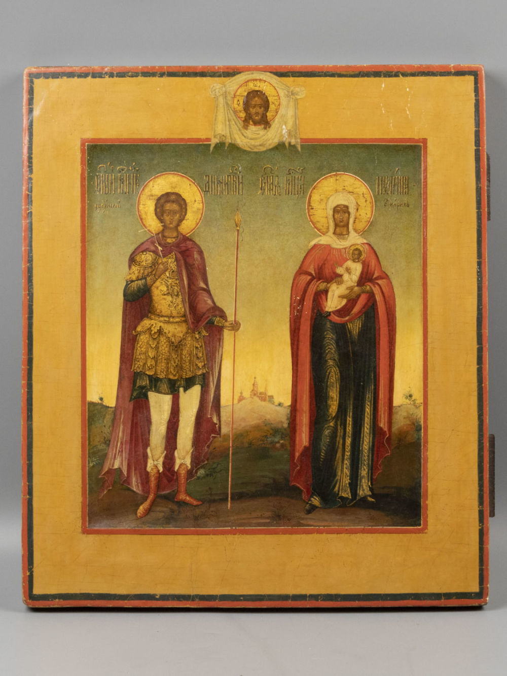 Икона Дмитрий Солунский и Иулия. Доска, ковчег. Сер. XIX в. Размер 36х31х3 см. 
Кракелюр. 