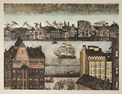 Блинова Е. Вид на Судостроительный завод. 1985. Бумага, сухая игла, акварель. Размер 57,5х73 см. 