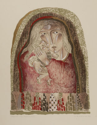 Жердина Н. М. Мадонна под покрывалом. 1992. Бумага, цв.шелкография, подкраска. Размер 