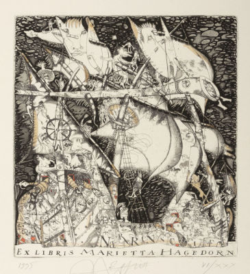 Ноздрин Ю. А. Корабль дураков. Экслибрис. 1995. Бумага ручного литья, офорт с подкраской 