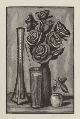 Дурандин А. В. Натюрморт с розами. 1981. Бумага, ксилография. Размер листа 30х22 см. Хорошее 