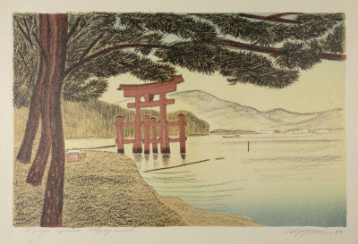 Кукушкин О. Г. Тории храма Ицукусима. 1987. Бумага, литография. Размер 44,5х60 см. Хорошее 