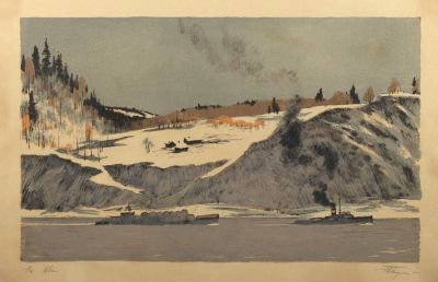 Подлясский Ю. С. На Оби. 1960-1970-е гг. Бумага, литография. Размер по раме 42,5х58 см. Хорошее 