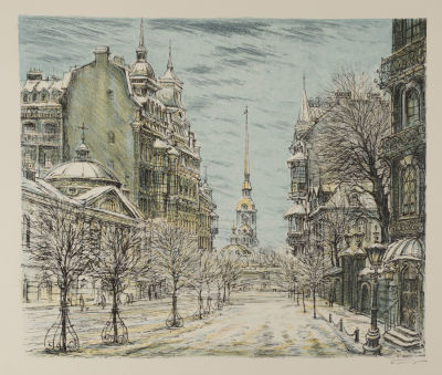 Блинов В. Н. Улица Куйбышева. 1980-е гг. Бумага, цветная литография. Размер 28х33,5 см. Хорошее 