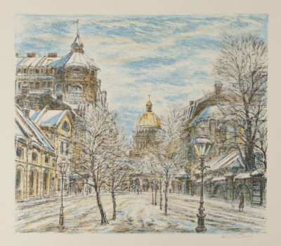 Блинов В. Н. Санкт-Петербург. Зима. 1980-е гг. Бумага, цветная литография. Размер 34х35,5 см. Хо 