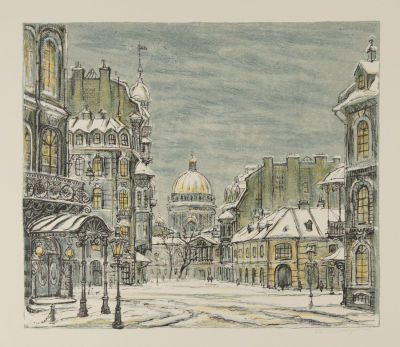 Блинов В. Н. Санкт-Петербург. Сумерки. 1980-е гг. Бумага, цветная литография. Размер 36х39 см. Х 