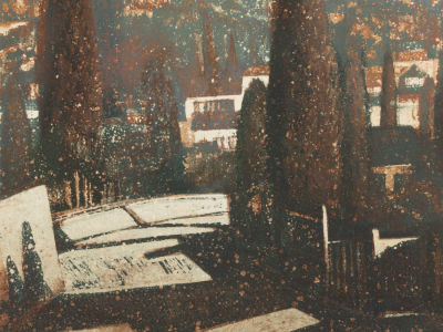 Роменский К. Южный пейзаж с кипарисами. 2020. Цветной офорт. Размер изображения 29х33 см. Размер 