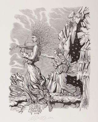 Верхоланцев М. М. Орфей и Эвридика. Экслибрис. 2002. Бумага, ксилография. Размер 15,5х12 см. 