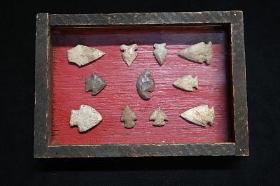 Frame of 11 Arrowheads Found in Ralls Co. Missouri. Longest arrowhead is 1 7/8" and there all 