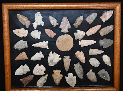 Frame of 35 Arrowheads Found in Linn Co. Missouri By Chris Morehead. 11" x 14" Oak Frame with 
