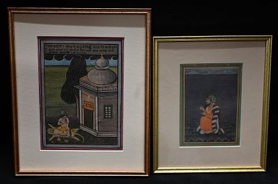 2 19th Century Rag Malhar Miniature Paintings 5" x 7" & 7" x 9". Glass is missing on the bigger 11"