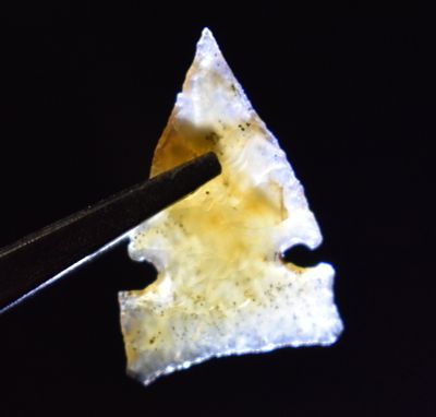 7/8" Desert Side Notch Arrowhead Gem Point found in Idaho - Moss Agate. Ex James Shield 