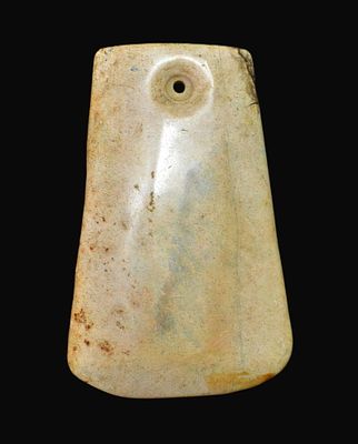 Neolithic Chinese Stone Pendant, over 5 1/4 inches, ex Ed Butkiss Collection. Ground and drilled 