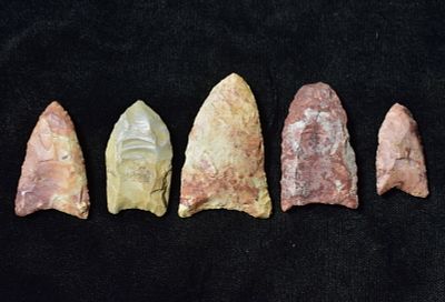 5 Paleo Style Arrowheads - Modern Made. Points in this group measure 1 3/8" to 2 1/3". Mostly 