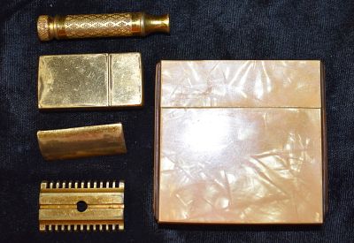 Mid Century Brass Safety Razor Set With Celluloid Case And Blade Box. Mid-century (1950's to 