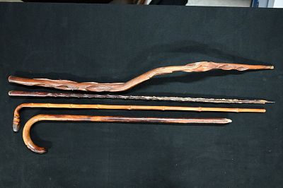 4 Vintage Wood/Bamboo 35" Walking Canes. Great design on this lot but some have damage. Please 