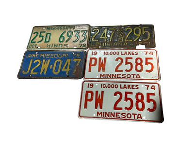 5 Vintage License Plates. Fair to great condition. Matching pair 1974 Minnesota, 1951 Louisiana 