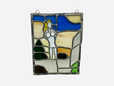 Provocative Leaded Stained Glass Window. Excellent condition. Measures 11" x 8.5".