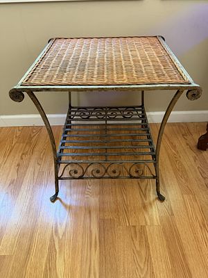 Pier 1 Imports Wicker & Iron Accent Table. Great condition. Measures 22" x 20" x 20".