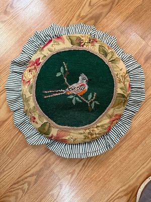 Vintage Cross Stitched Bird Pillow. Great condition. Pillow has a diameter of 16 inches.