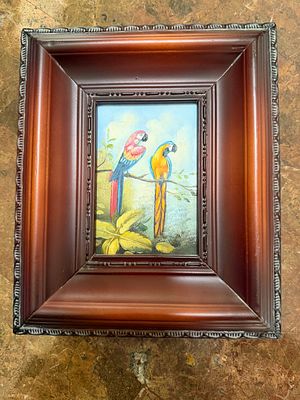 Small Framed Macaw Oil Painting. Excellent condition. Beautifully framed. No signature, artist 
