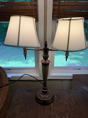 Dual Light Table Lamp with Outlet. Excellent condition. Tested and works as should. Stands 30.5 