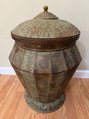 Decorative Metal Lidded Storage Container. Excellent condition. Details throughout. Could be 