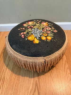 Vintage Hand Stitched Floral Foot Stool. Great condition. Stands 6 inches tall with a diameter 