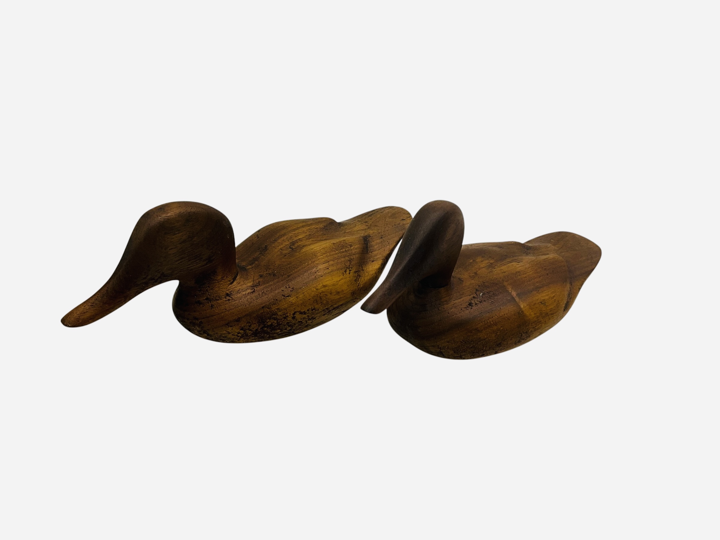 Pair Carved Wooden Ducks Signed On Bottom